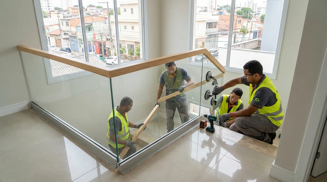 Montagem de guarda-corpo de vidro pela equipe